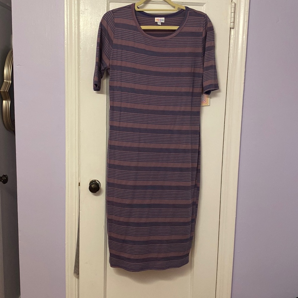 Lula Roe Julia dress purple and blue stripes with tags